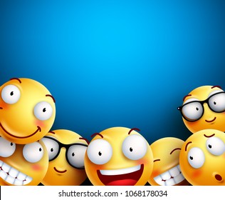 Smiley background vector illustration. Yellow emoticons or smileys with funny and happy facial expressions in empty blank blue background for text or presentation.
