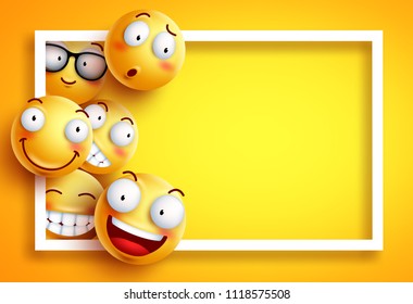 Smiley background vector template with yellow funny smileys or emoticons and empty blank space for text and white frame in yellow background. Vector illustration.
