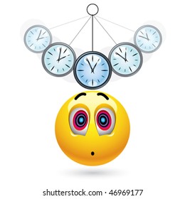 Smiley ball being hypnotized with clock