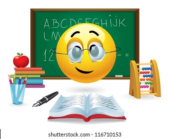 Smiley ball with eyeglasses in front of green board in classroom