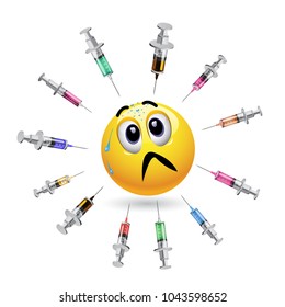 Smiley ball looking at injection. Freaked out face of smiley surrounded with various vaccine injections ready to stab.
