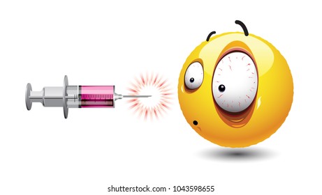 Smiley ball looking at injection. Freaked out face of smiley surrounded with various vaccine injections ready to stab.
