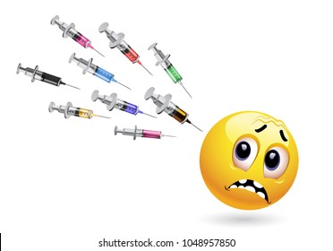 Smiley ball looking at injection. Scared face of smiley with vaccine injection going toward him ready to stab.
