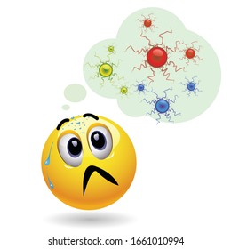 Smiley ball scared by the virus. Freaked out face of smiley surrounded by various types of viruses.
