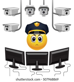 Smiley ball as security. Strict smiley police officer on duty. Vector illustration.
