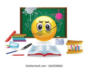 Smiley Ball as a teacher looks angrily at the students. Funny illustration of school and education. School days. Classroom teacher.