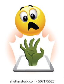Smiley ball watch horror movie. Zombie hand coming out of tablet in front of stunned and frightened smiley. 