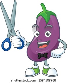 Smiley barber eggplant mascot cartoon character design