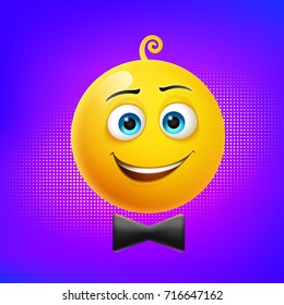  Smiley with black bow tie, icon on background. Vector, illustration, flat 