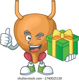 Smiley bladder cartoon character holding a gift box