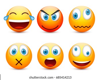 Smiley with blue eyes,emoticon set. Yellow face with emotions. Facial expression. 3d realistic emoji. Sad,happy,angry faces.Funny cartoon character.Mood.Vector illustration.