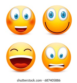 Smiley with blue eyes,emoticon set. Yellow face with emotions. Facial expression. 3d realistic emoji. Sad,happy,angry faces.Funny cartoon character.Mood.Vector illustration.