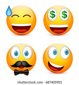 Smiley with blue eyes,emoticon set. Yellow face with emotions. Facial expression. 3d realistic emoji. Sad,happy,angry faces.Funny cartoon character.Mood.Vector illustration.