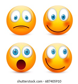 Smiley with blue eyes,emoticon set. Yellow face with emotions. Facial expression. 3d realistic emoji. Sad,happy,angry faces.Funny cartoon character.Mood.Vector illustration.