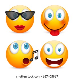 Smiley with blue eyes,emoticon set. Yellow face with emotions. Facial expression. 3d realistic emoji. Sad,happy,angry faces.Funny cartoon character.Mood.Vector illustration.