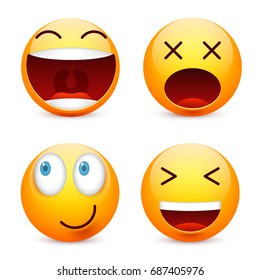 Smiley with blue eyes,emoticon set. Yellow face with emotions. Facial expression. 3d realistic emoji. Sad,happy,angry faces.Funny cartoon character.Mood.Vector illustration.