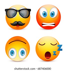 Smiley with blue eyes,emoticon set. Yellow face with emotions. Facial expression. 3d realistic emoji. Sad,happy,angry faces.Funny cartoon character.Mood.Vector illustration.