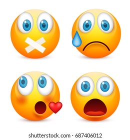 Smiley with blue eyes,emoticon set. Yellow face with emotions. Facial expression. 3d realistic emoji. Sad,happy,angry faces.Funny cartoon character.Mood.Vector illustration.