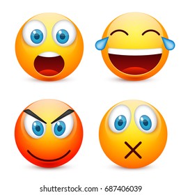 Smiley with blue eyes,emoticon set. Yellow face with emotions. Facial expression. 3d realistic emoji. Sad,happy,angry faces.Funny cartoon character.Mood.Vector illustration.