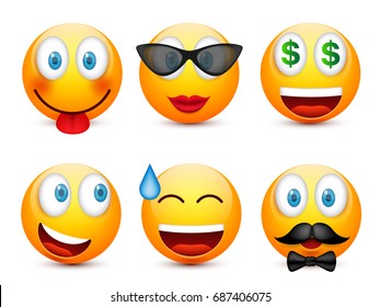 Smiley with blue eyes,emoticon set. Yellow face with emotions. Facial expression. 3d realistic emoji. Sad,happy,angry faces.Funny cartoon character.Mood.Vector illustration.