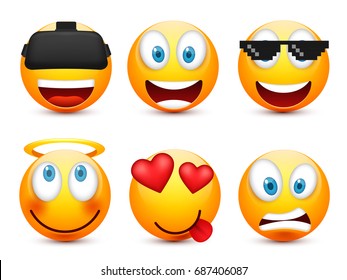 Smiley with blue eyes,emoticon set. Yellow face with emotions. Facial expression. 3d realistic emoji. Sad,happy,angry faces.Funny cartoon character.Mood.Vector illustration.