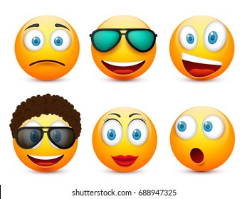 Smiley With Blue Eyes,emoticon Set. Yellow Face With Emotions. Facial Expression. 3d Realistic Emoji. Sad,happy,angry Faces.Funny Cartoon Character.Mood.Vector Illustration.