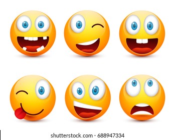 Smiley with blue eyes,emoticon set. Yellow face with emotions. Facial expression. 3d realistic emoji. Sad,happy,angry faces.Funny cartoon character.Mood.Vector illustration.