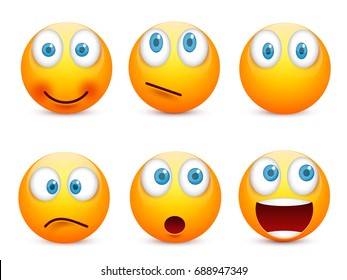 Smiley with blue eyes,emoticon set. Yellow face with emotions. Facial expression. 3d realistic emoji. Sad,happy,angry faces.Funny cartoon character.Mood.Vector illustration.