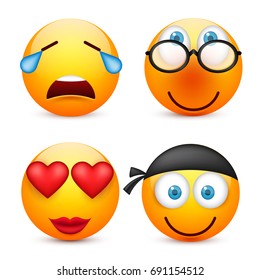 Smiley with blue eyes,emoticon set. Yellow face with emotions. Facial expression. 3d realistic emoji. Sad,happy,angry faces.Funny cartoon character.Mood.Vector illustration.