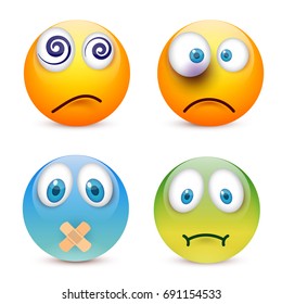 Smiley with blue eyes,emoticon set. Yellow face with emotions. Facial expression. 3d realistic emoji. Sad,happy,angry faces.Funny cartoon character.Mood.Vector illustration.