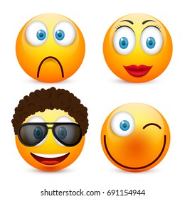 Smiley with blue eyes,emoticon set. Yellow face with emotions. Facial expression. 3d realistic emoji. Sad,happy,angry faces.Funny cartoon character.Mood.Vector illustration.