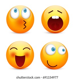 Smiley with blue eyes,emoticon set. Yellow face with emotions. Facial expression. 3d realistic emoji. Sad,happy,angry faces.Funny cartoon character.Mood.Vector illustration.