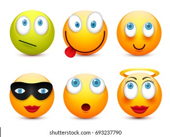 Smiley with blue eyes,emoticon set. Yellow face with emotions. Facial expression. 3d realistic emoji. Sad,happy,angry faces.Funny cartoon character.Mood.Vector illustration.