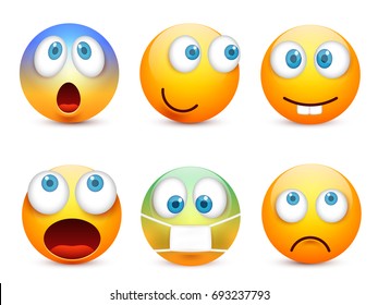 Smiley with blue eyes,emoticon set. Yellow face with emotions. Facial expression. 3d realistic emoji. Sad,happy,angry faces.Funny cartoon character.Mood.Vector illustration.