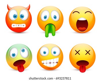 Smiley with blue eyes,emoticon set. Yellow face with emotions. Facial expression. 3d realistic emoji. Sad,happy,angry faces.Funny cartoon character.Mood.Vector illustration.