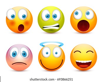 Smiley with blue eyes,emoticon set. Yellow face with emotions. Facial expression. 3d realistic emoji. Sad,happy,angry faces.Funny cartoon character.Mood.Vector illustration.