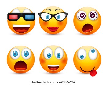Smiley with blue eyes,emoticon set. Yellow face with emotions. Facial expression. 3d realistic emoji. Sad,happy,angry faces.Funny cartoon character.Mood.Vector illustration.