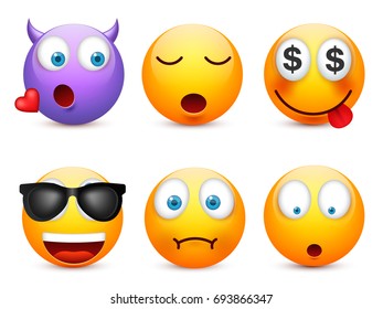 Smiley with blue eyes,emoticon set. Yellow face with emotions. Facial expression. 3d realistic emoji. Sad,happy,angry faces.Funny cartoon character.Mood.Vector illustration.
