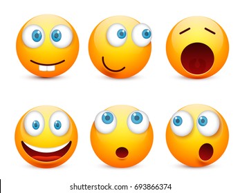 Smiley with blue eyes,emoticon set. Yellow face with emotions. Facial expression. 3d realistic emoji. Sad,happy,angry faces.Funny cartoon character.Mood.Vector illustration.