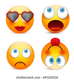 Smiley with blue eyes,emoticon set. Yellow face with emotions. Facial expression. 3d realistic emoji. Sad,happy,angry faces.Funny cartoon character.Mood.Vector illustration.