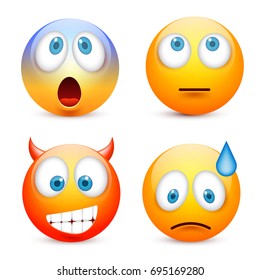 Smiley with blue eyes,emoticon set. Yellow face with emotions. Facial expression. 3d realistic emoji. Sad,happy,angry faces.Funny cartoon character.Mood.Vector illustration.