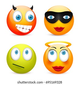 Smiley with blue eyes,emoticon set. Yellow face with emotions. Facial expression. 3d realistic emoji. Sad,happy,angry faces.Funny cartoon character.Mood.Vector illustration.