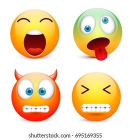 Smiley with blue eyes,emoticon set. Yellow face with emotions. Facial expression. 3d realistic emoji. Sad,happy,angry faces.Funny cartoon character.Mood.Vector illustration.