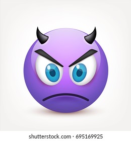 Smiley with blue eyes,emoticon. Violetface with emotions. Facial expression. 3d realistic emoji. Sad,happy,angry faces.Funny cartoon character.Mood.Vector illustration.