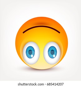 Smiley with blue eyes,emoticon. Yellow face with emotions. Facial expression. 3d realistic emoji. Sad,happy,angry faces.Funny cartoon character.Mood.Vector illustration.