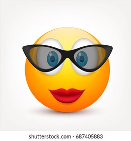 Smiley with blue eyes,emoticon. Yellow face with emotions. Facial expression. 3d realistic emoji. Sad,happy,angry faces.Funny cartoon character.Mood.Vector illustration.