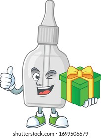 Smiley bottle with pipette cartoon character holding a gift box