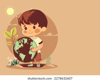 Smiley Boy Character Holding Earth Globe On Sun Nature Pastel Orange Background. Save Earth or World Environment Day Concept.
