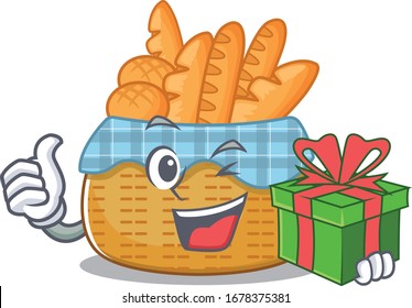 Smiley bread basket cartoon character having a gift box