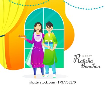 Smiley Brother and Sister Celebrating Raksha Bandhan Festival on Abstract Window Background.